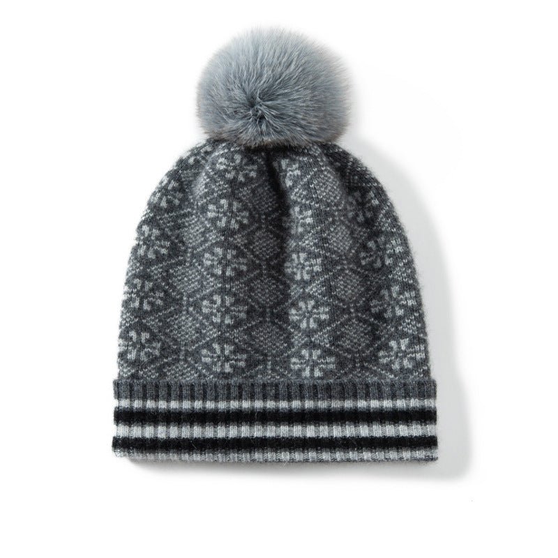 Fair Isle Cashmere Fur Pom Beanie Striped Edge Cashmere Hats For Women Gray M