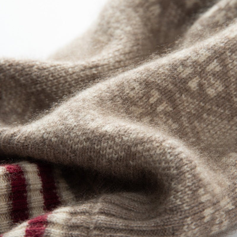 Fair Isle Cashmere Fur Pom Beanie Striped Edge Cashmere Hats For Women Taupe M