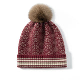 Fair Isle Cashmere Fur Pom Beanie Striped Edge Cashmere Hats For Women Red M