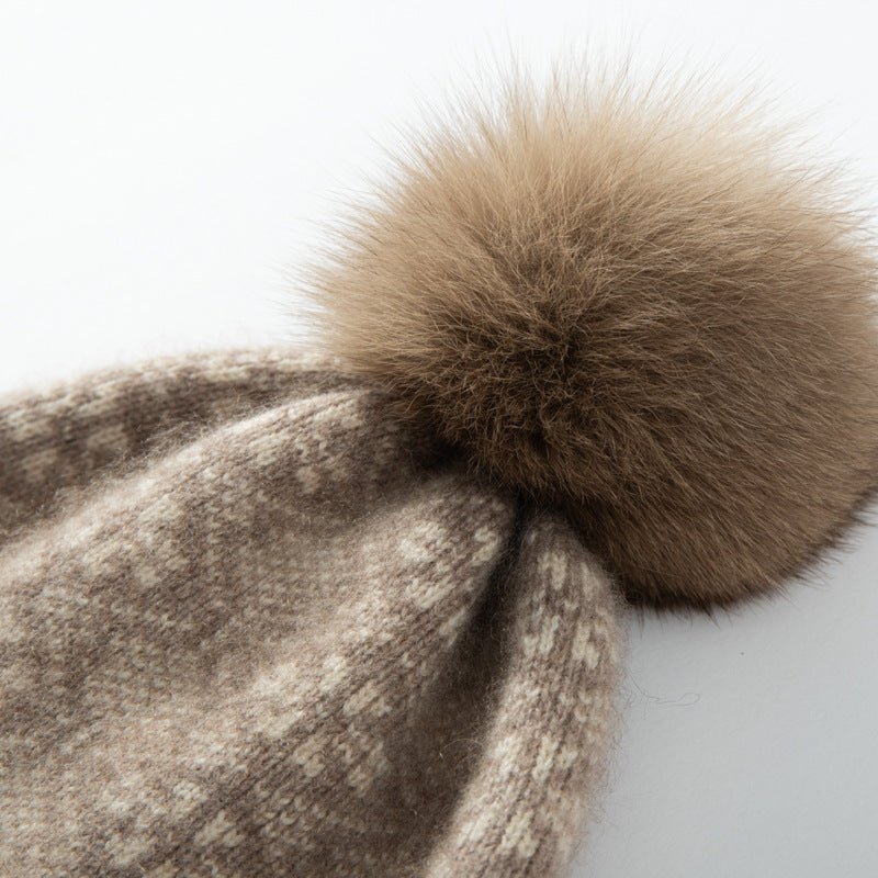 Fair Isle Cashmere Fur Pom Beanie Striped Edge Cashmere Hats For Women Taupe M