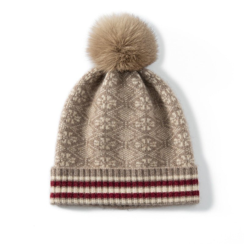 Fair Isle Cashmere Fur Pom Beanie Striped Edge Cashmere Hats For Women Taupe M