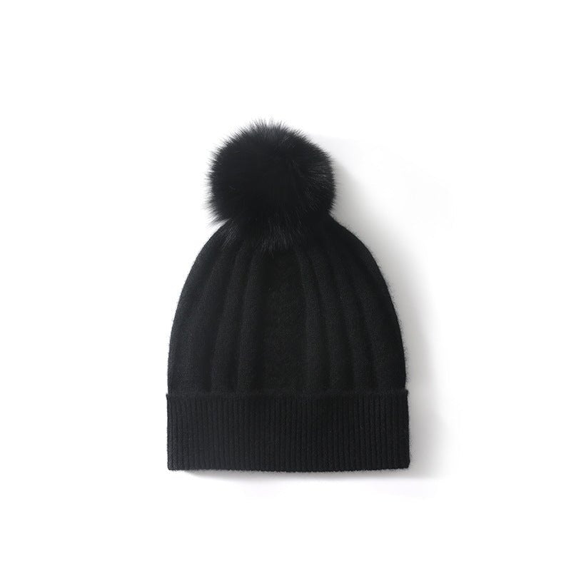 Womens Cashmere Beanie with Real Fur Pom Cashmere Hat Removable Pom Black M