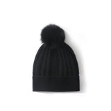 Womens Cashmere Beanie with Real Fur Pom Cashmere Hat Removable Pom Black M
