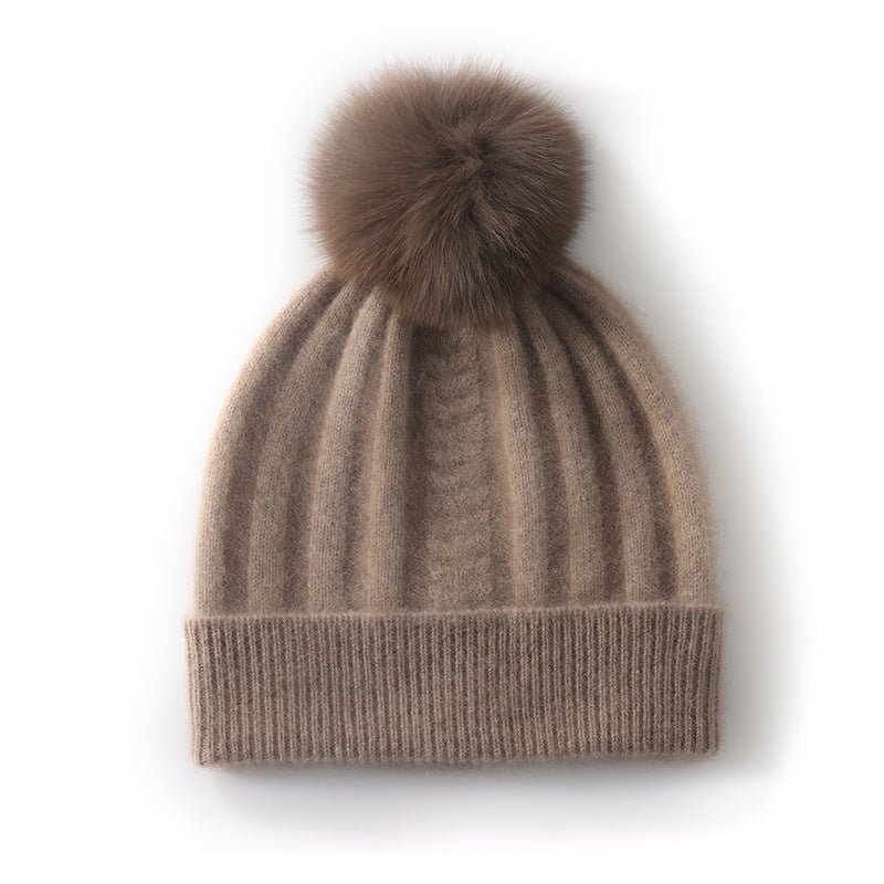 Womens Cashmere Beanie with Real Fur Pom Cashmere Hat Removable Pom Taupe M