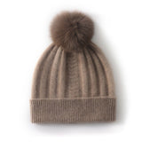 Womens Cashmere Beanie with Real Fur Pom Cashmere Hat Removable Pom Taupe M