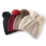 Womens Cashmere Beanie with Real Fur Pom Cashmere Hat Removable Pom Black M