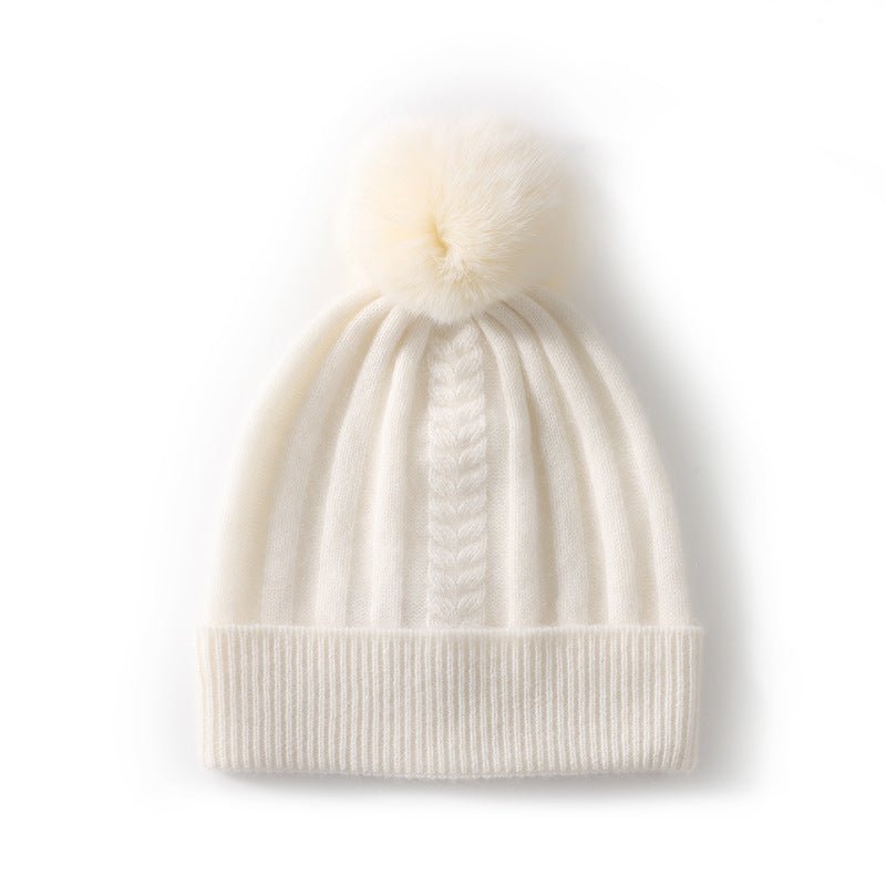 Womens Cashmere Beanie with Real Fur Pom Cashmere Hat Removable Pom Ivory M