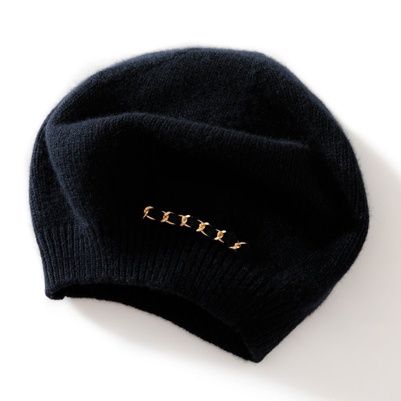 Womens Cashmere Beret Double Layer Chain Cashmere Hat Ladies Beanie Black M