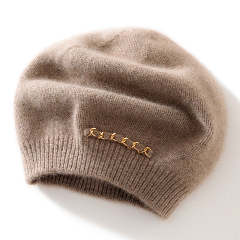 Womens Cashmere Beret Double Layer Chain Cashmere Hat Ladies Beanie Taupe M