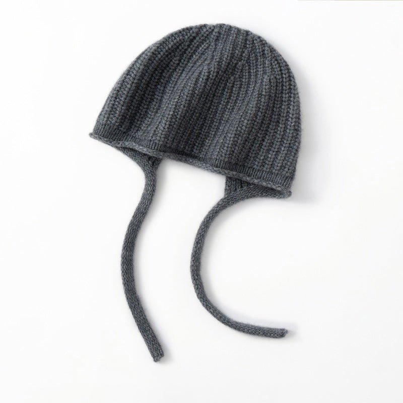 Womens Cashmere Bonnet Hat with Ties Winter Earflap Cashmere Knit Beanie Grey M