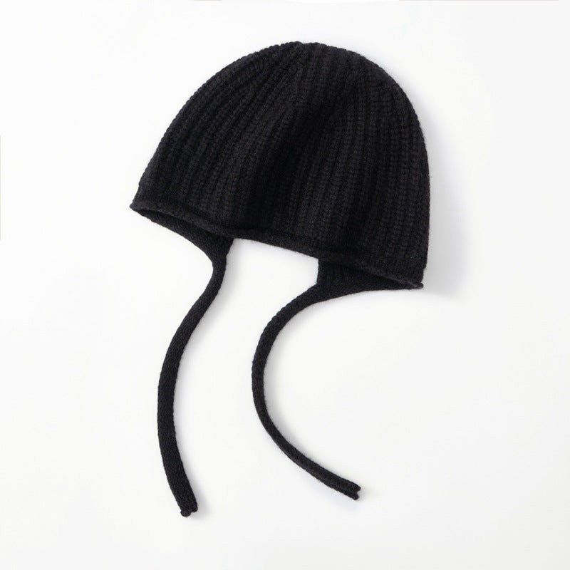 Womens Cashmere Bonnet Hat with Ties Winter Earflap Cashmere Knit Beanie Black M