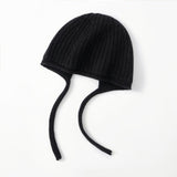 Womens Cashmere Bonnet Hat with Ties Winter Earflap Cashmere Knit Beanie Black M
