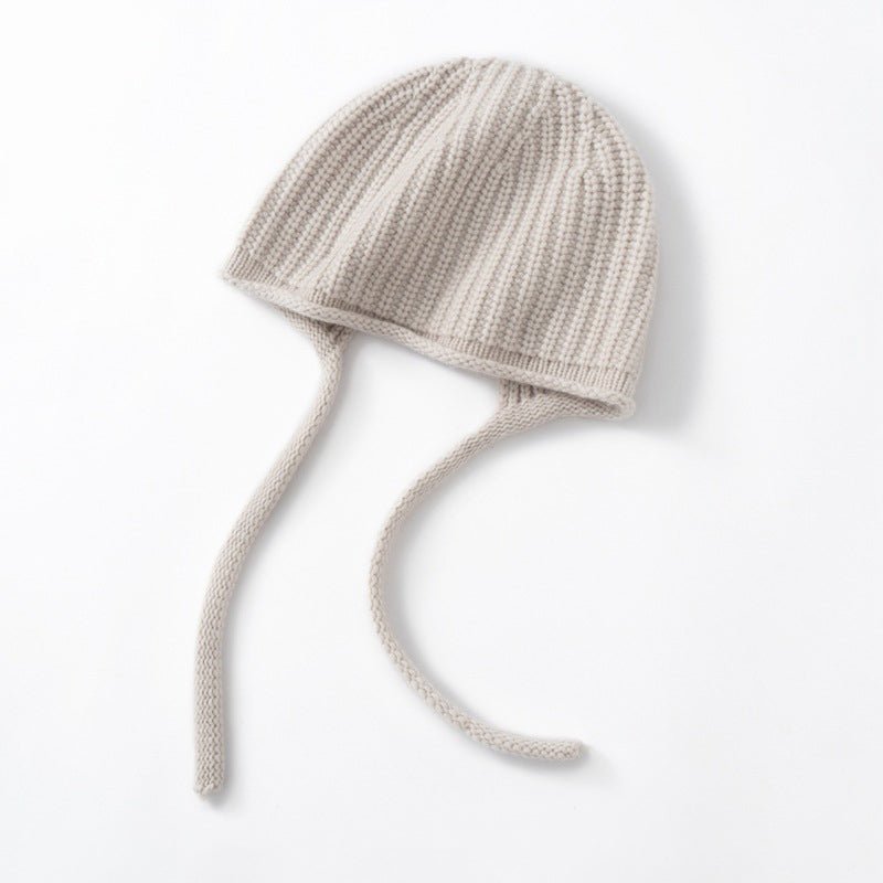 Womens Cashmere Bonnet Hat with Ties Winter Earflap Cashmere Knit Beanie Beige M
