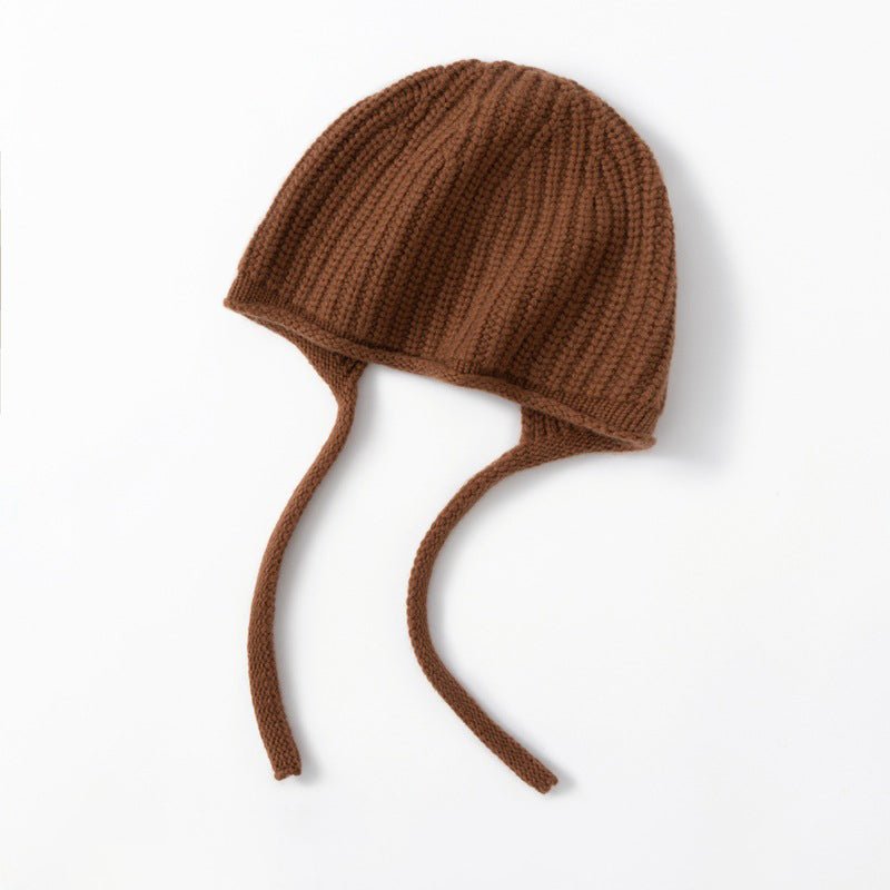 Womens Cashmere Bonnet Hat with Ties Winter Earflap Cashmere Knit Beanie Coffee M