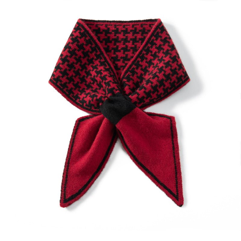 Womens Cashmere Bowknot Scarf Houndstooth Cashmere Neck Warmer Claret M