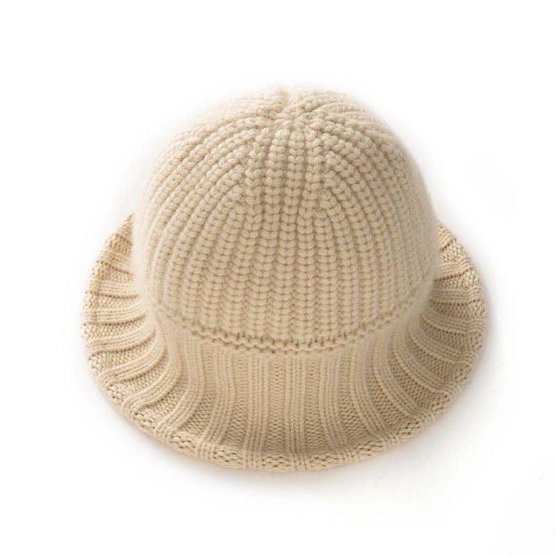 Womens Cashmere Ribbed Knit Cloche Hat Cashmere Bucket Hat Sun Hat Beige M