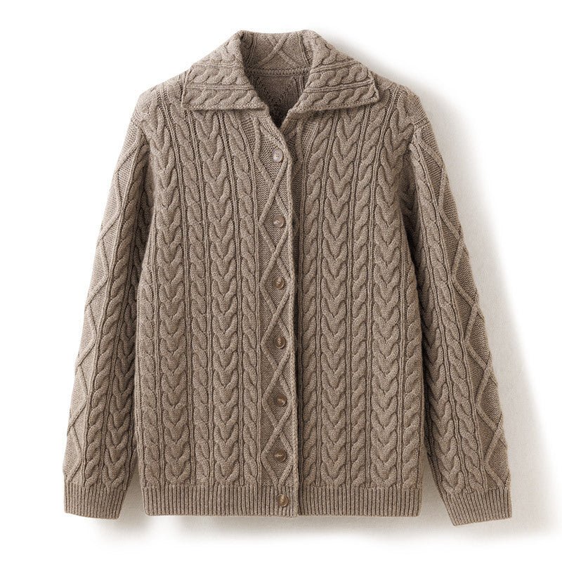 Womens Classic Cable - Knit Cashmere Cardigan Lapel Cashmere Coat Taupe XS