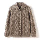 Womens Classic Cable - Knit Cashmere Cardigan Lapel Cashmere Coat Taupe XS