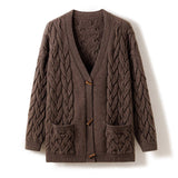 Womens Chunky Cable Knit Cashmere Cardigan Patch Pockets Cashmere Coat Coffee One size fits most