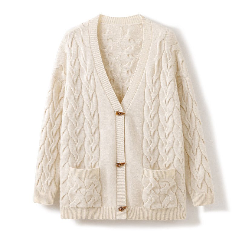 Womens Chunky Cable Knit Cashmere Cardigan Patch Pockets Cashmere Coat Beige One size fits most