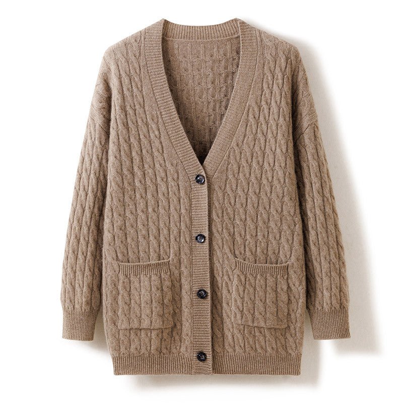 Womens Cable Knit V - Neck Cashmere Cardigan With Pockets Cashmere Coat Taupe One size fits most