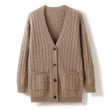 Womens Cable Knit V - Neck Cashmere Cardigan With Pockets Cashmere Coat Taupe One size fits most