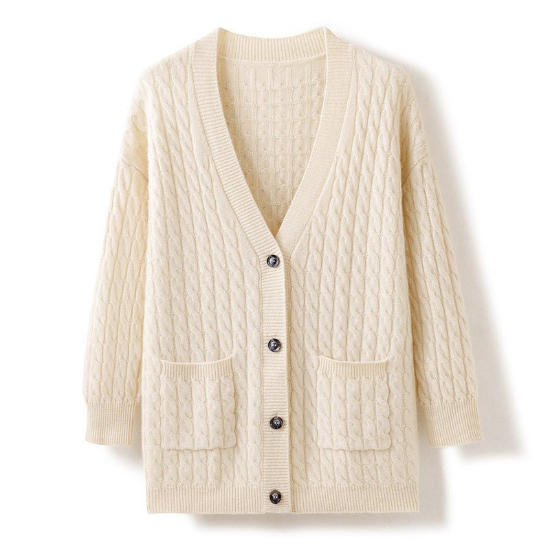 Womens Cable Knit V - Neck Cashmere Cardigan With Pockets Cashmere Coat Beige One size fits most