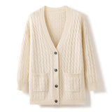 Womens Cable Knit V - Neck Cashmere Cardigan With Pockets Cashmere Coat Beige One size fits most