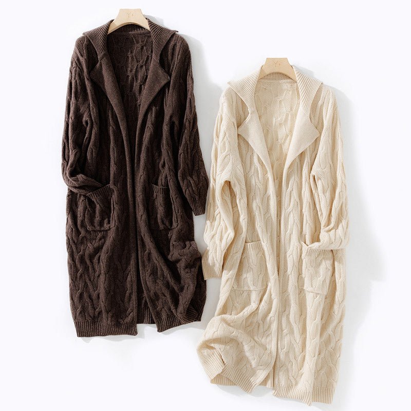 Womens Long Cable Knit Belted Pure Cashmere Cardigan Open - front Coat Coffee One size fits most