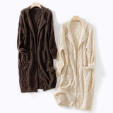 Womens Long Cable Knit Belted Pure Cashmere Cardigan Open - front Coat Coffee One size fits most