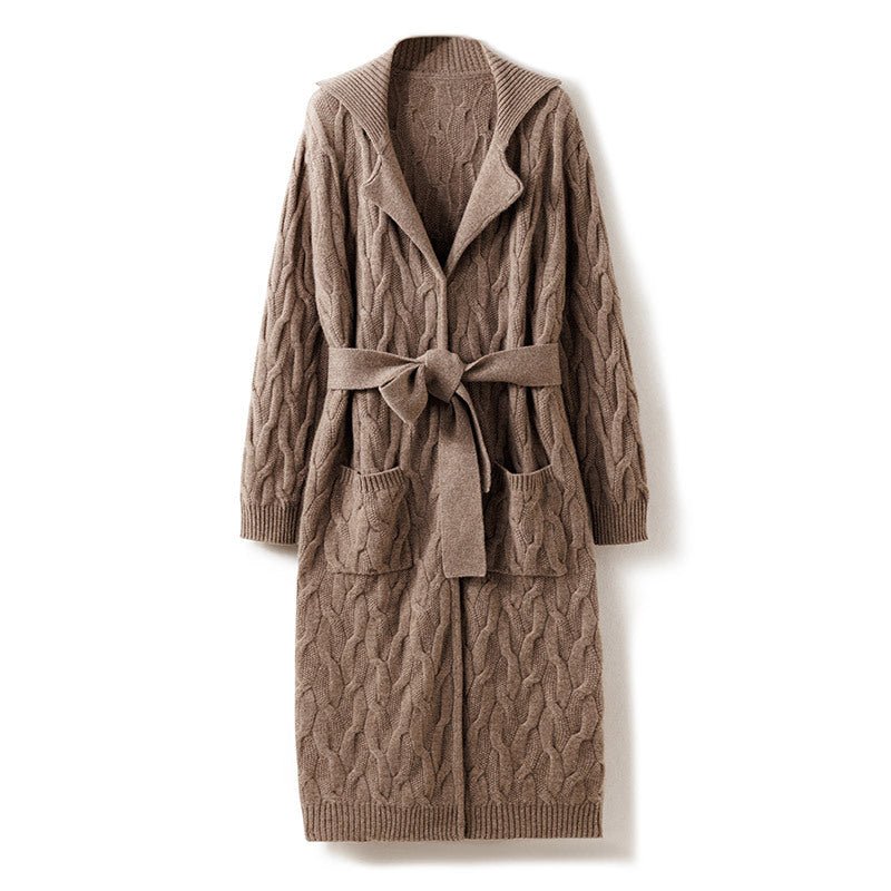 Womens Long Cable Knit Belted Pure Cashmere Cardigan Open - front Coat Taupe One size fits most