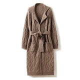 Womens Long Cable Knit Belted Pure Cashmere Cardigan Open - front Coat Taupe One size fits most