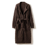 Womens Long Cable Knit Belted Pure Cashmere Cardigan Open - front Coat Coffee One size fits most