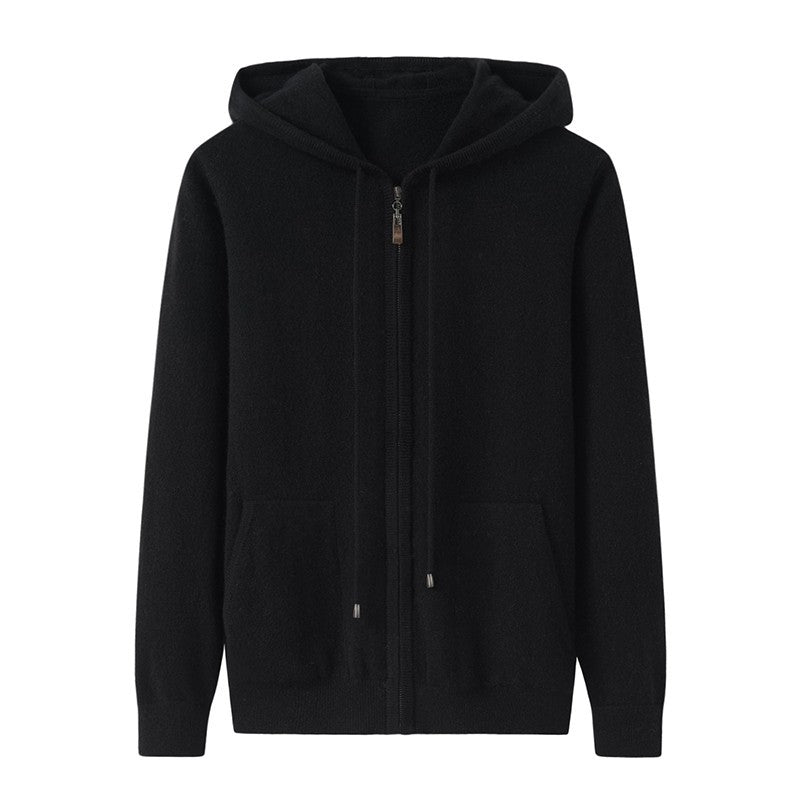 Womens Zip - Up Cashmere Hoodie With Kangaroo Pockets Cashmere Cardigans Black XS