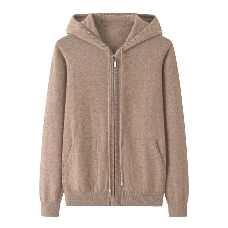 Womens Zip - Up Cashmere Hoodie With Kangaroo Pockets Cashmere Cardigans Camel XS