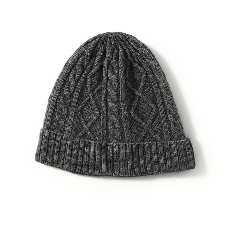 Womens Pure Cashmere Cable Knit Beanie Chunky Hat Ribbed Cuff Gray M