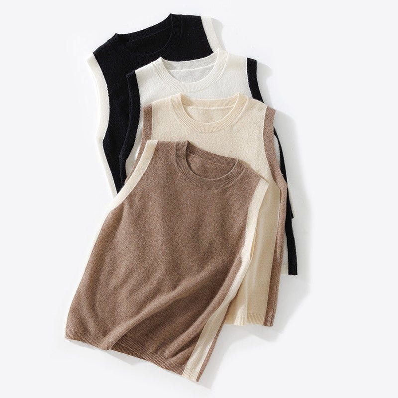 Womens Classic Sleeveless Crew Neck Knit Cashmere Vest Ribbed Hem Beige XS