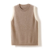 Womens Classic Sleeveless Crew Neck Knit Cashmere Vest Ribbed Hem Taupe XS