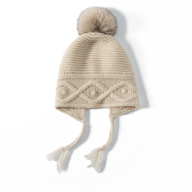 Womens Cashmere Hat with Pom Earflap Cashmere Beanie with Braided Ties Beige M