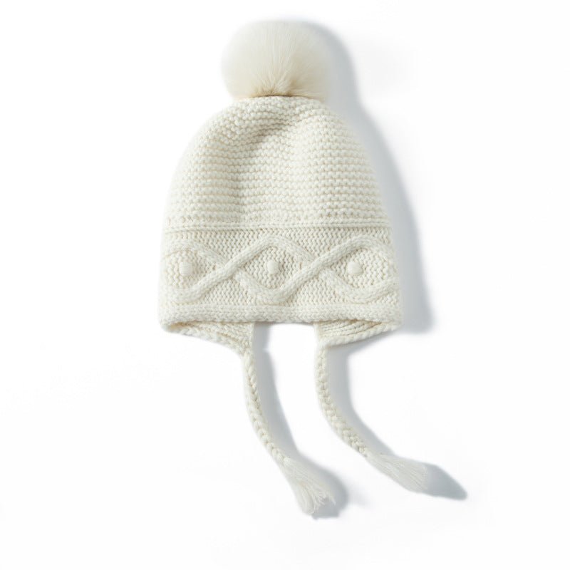 Womens Cashmere Hat with Pom Earflap Cashmere Beanie with Braided Ties Ivory M