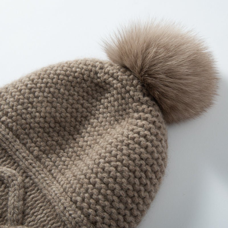 Womens Cashmere Hat with Pom Earflap Cashmere Beanie with Braided Ties Taupe M