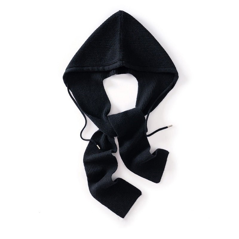 Womens Cashmere Hooded Wrap with Ties Pure Cashmere Warmer Cashmere Balaclava Black M