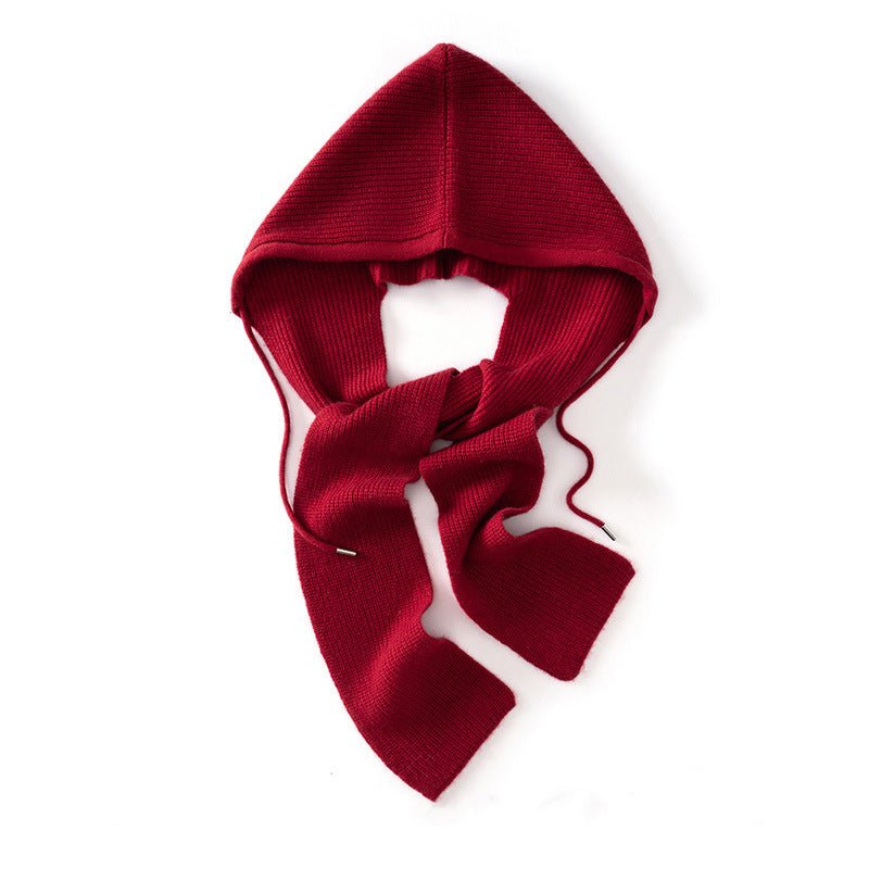 Womens Cashmere Hooded Wrap with Ties Pure Cashmere Warmer Cashmere Balaclava Claret M
