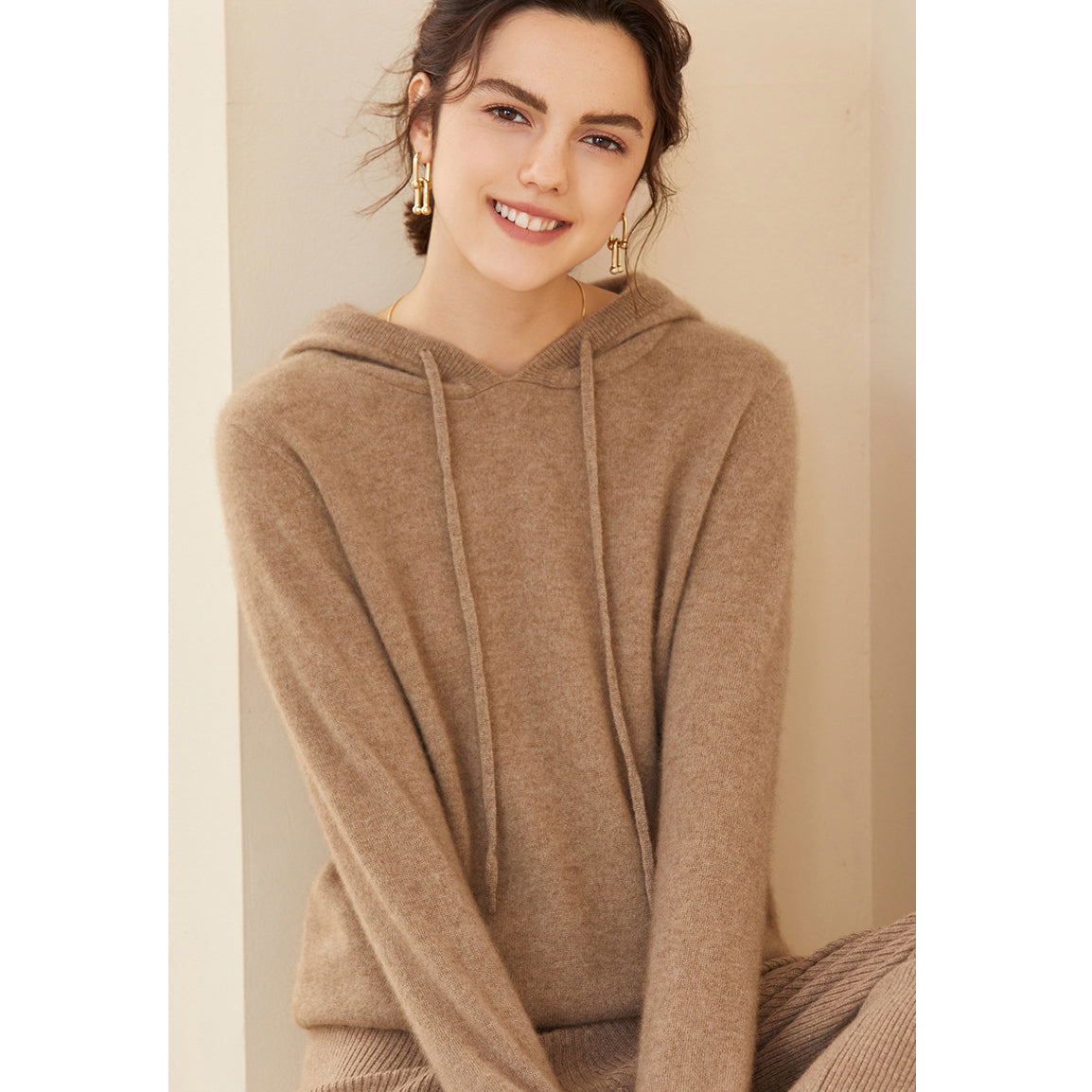 Womens Cashmere Pullover Hoodie Ribbed Trim Long Sleeve Cashmere Hoody Taupe XS