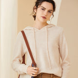 Womens Cashmere Pullover Hoodie Ribbed Trim Long Sleeve Cashmere Hoody Ivory XS
