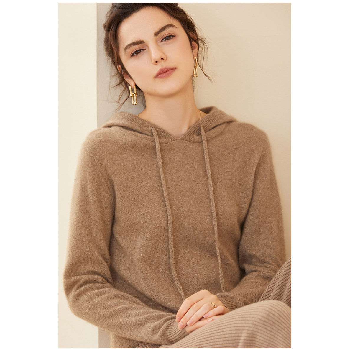 Womens Cashmere Pullover Hoodie Ribbed Trim Long Sleeve Cashmere Hoody Taupe XS