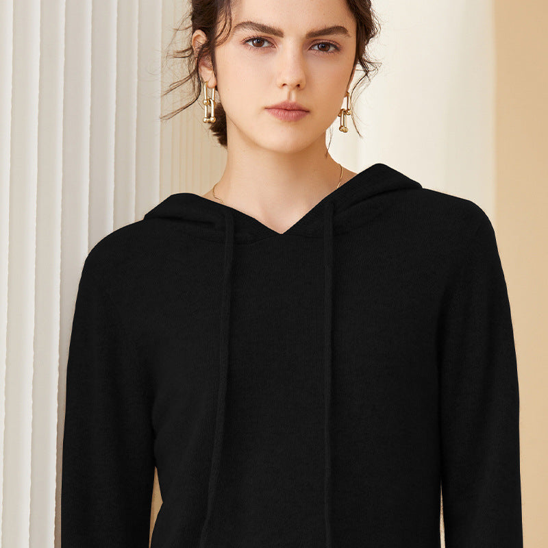 Womens Cashmere Pullover Hoodie Ribbed Trim Long Sleeve Cashmere Hoody Black XS