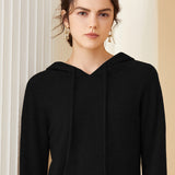 Womens Cashmere Pullover Hoodie Ribbed Trim Long Sleeve Cashmere Hoody Black XS