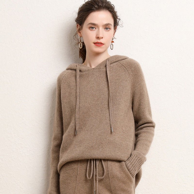 Womens Raglan Sleeve Pure Cashmere Hoodie With Ribbed Cuffs Hoody Taupe XS