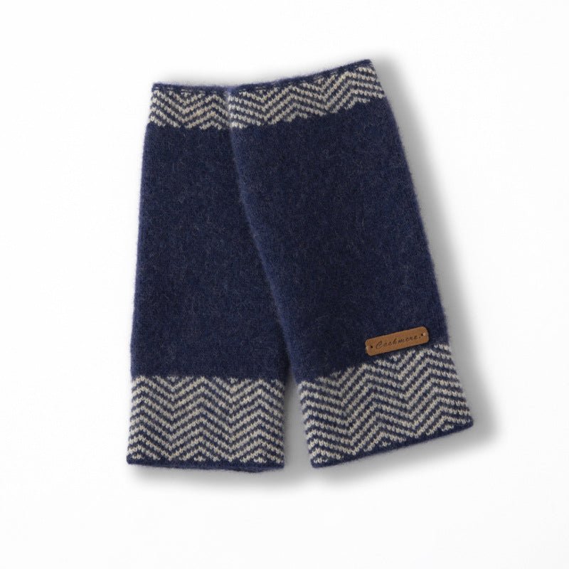 Cashmere Fingerless Gloves With Herringbone Thermal Knit Half Finger Navy Blue M